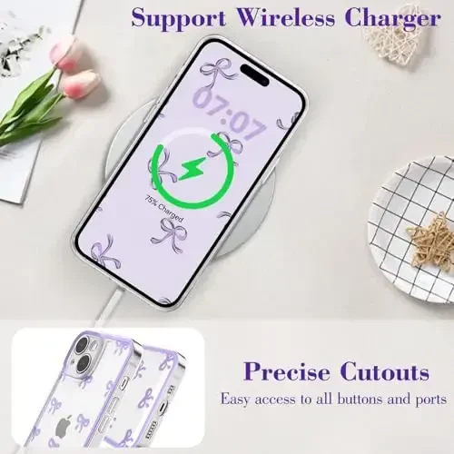EYZUTAK Case for iPhone 13, Clear Cute Ribbon Bowknot Pattern Aesthetic Transparent Phone Case Raised Camera Protection Stylish Slim Soft Durable TPU Protective Cover for Women Girls - Purple - 9