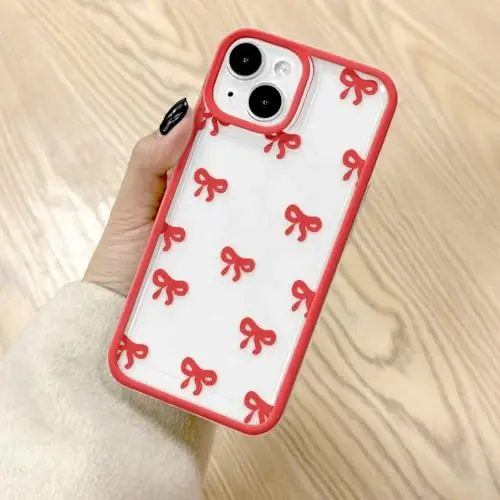 EYZUTAK Case for iPhone 13, Clear Cute Ribbon Bowknot Pattern Aesthetic Transparent Phone Case Raised Camera Protection Stylish Slim Soft Durable TPU Protective Cover for Women Girls - Red - 1