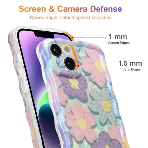 EYZUTAK Case for iPhone 13, Colorful Retro Oil Painting Flower Laser Glossy Design Cute Curly Waves Edge Exquisite Phone Cover Stylish Durable TPU Protective Case for Girls Women - Pink Purple - 4