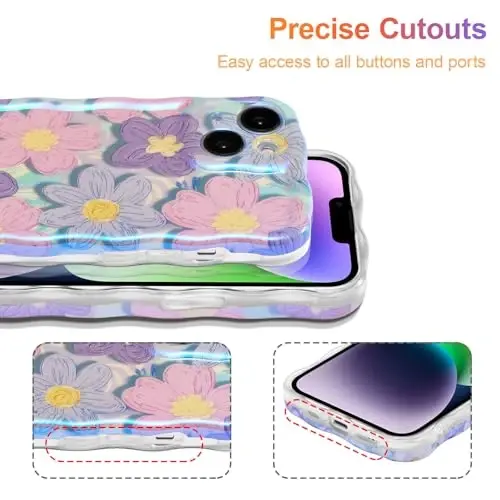 EYZUTAK Case for iPhone 13, Colorful Retro Oil Painting Flower Laser Glossy Design Cute Curly Waves Edge Exquisite Phone Cover Stylish Durable TPU Protective Case for Girls Women - Pink Purple - 5