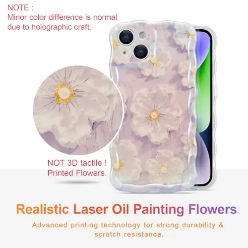 EYZUTAK Case for iPhone 13, Colorful Retro Oil Painting Flower Laser Glossy Pattern Cute Curly Wave Border Exquisite Phone Cover Stylish Durable TPU Protective Case for Girl Women - Light Purple - 2