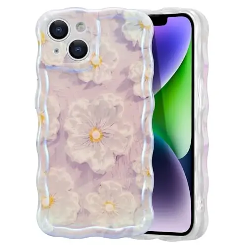 EYZUTAK Case for iPhone 13, Colorful Retro Oil Painting Flower Laser Glossy Pattern Cute Curly Wave Border Exquisite Phone Cover Stylish Durable TPU Protective Case for Girl Women - Light Purple 