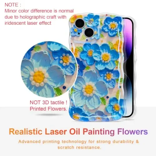 EYZUTAK Case for iPhone 13, Colorful Retro Oil Painting Flower Laser Glossy Pattern Cute Curly Wave Edge Exquisite Phone Cover Stylish Durable TPU Protective Case for Girl Women - Blue - 2