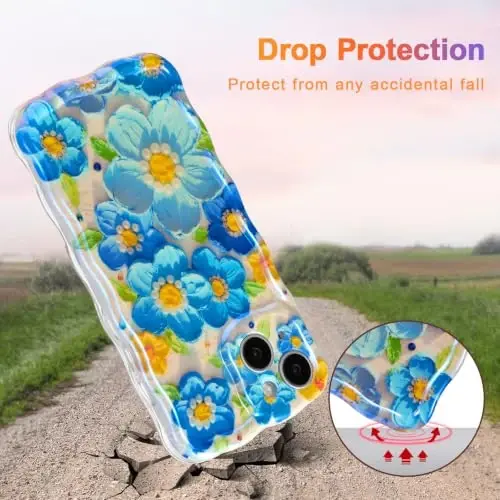 EYZUTAK Case for iPhone 13, Colorful Retro Oil Painting Flower Laser Glossy Pattern Cute Curly Wave Edge Exquisite Phone Cover Stylish Durable TPU Protective Case for Girl Women - Blue - 3