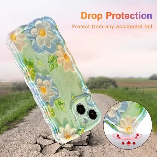 EYZUTAK Case for iPhone 13, Colorful Retro Oil Painting Flower Laser Glossy Pattern Cute Curly Wave Edge Exquisite Phone Cover Stylish Durable TPU Protective Case for Girl Women - Blue White - 3