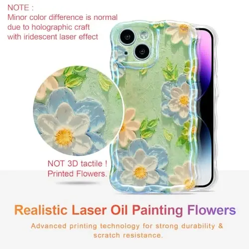 EYZUTAK Case for iPhone 13, Colorful Retro Oil Painting Flower Laser Glossy Pattern Cute Curly Wave Edge Exquisite Phone Cover Stylish Durable TPU Protective Case for Girl Women - Blue White - 2
