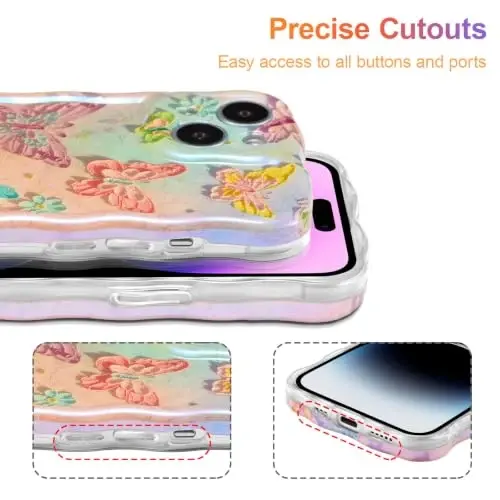EYZUTAK Case for iPhone 13, Colorful Retro Oil Painting Flower Laser Glossy Pattern Cute Curly Wave Edge Exquisite Phone Cover Stylish Durable TPU Protective Case for Girl Women - Butterflies - 5