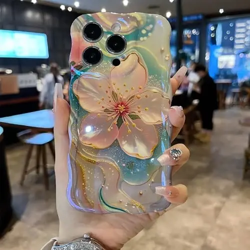 EYZUTAK Case for iPhone 13, Colorful Retro Oil Painting Flower Laser Glossy Pattern Cute Curly Wave Edge Exquisite Phone Cover Stylish Durable TPU Protective Case for Girl Women - Sakura - 5