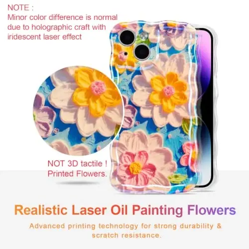 EYZUTAK Case for iPhone 13, Colorful Retro Oil Painting Flower Laser Glossy Pattern Cute Curly Wave Edge Exquisite Phone Cover Stylish Durable TPU Protective Case for Girl Women - White 