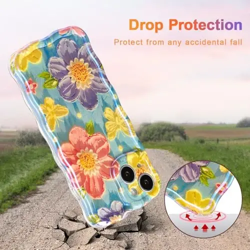 EYZUTAK Case for iPhone 13, Colorful Retro Oil Painting Flower Laser Glossy Pattern Cute Curly Wave Edge Exquisite Phone Cover Stylish Durable TPU Protective Case for Women - Butterfly Flower - 3