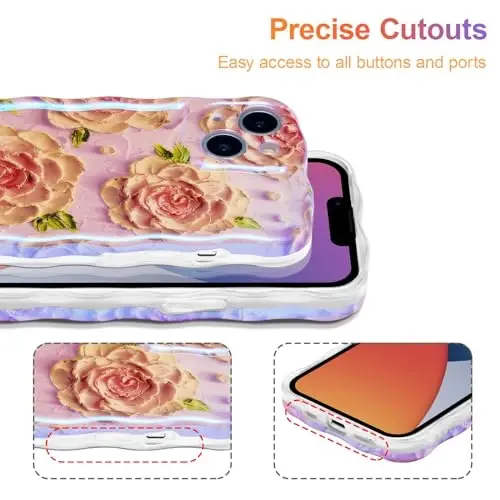 EYZUTAK Case for iPhone 13, Colorful Retro Oil Painting Flower Laser Glossy Pattern Cute Curly Waves Edge Exquisite Phone Cover Stylish Durable TPU Protective Case for Girls Women - Pink Peony - 5