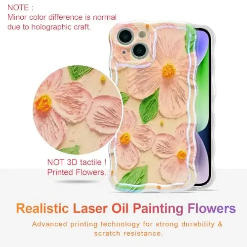 EYZUTAK Case for iPhone 13, Colorful Retro Oil Painting Flower Leaves Laser Glossy Pattern Cute Curly Waves Edge Exquisite Phone Cover Stylish Durable TPU Protective Case for Girls Women - Pink Green - 2