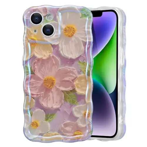 EYZUTAK Case for iPhone 13, Colorful Retro Oil Painting Printed Flower Laser Beam Glossy Pattern Cute Curly Waves Border Exquisite Phone Cover Stylish Durable TPU Protective Case for Girls Women -Pink 