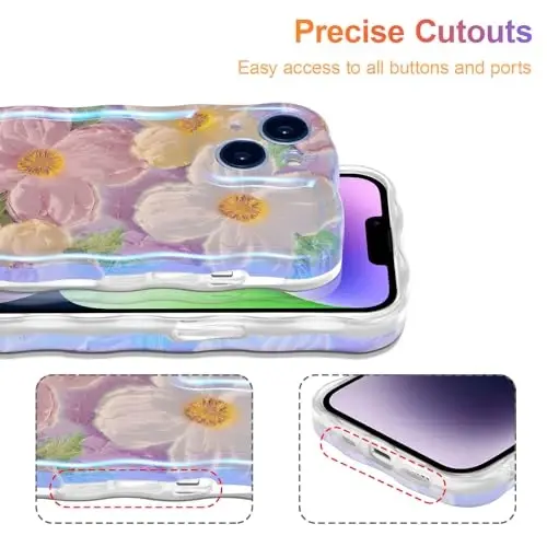 EYZUTAK Case for iPhone 13, Colorful Retro Oil Painting Printed Flower Laser Beam Glossy Pattern Cute Curly Waves Border Exquisite Phone Cover Stylish Durable TPU Protective Case for Girls Women -Pink - 5