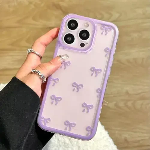 EYZUTAK Case for iPhone 13 Pro, Clear Cute Ribbon Bowknot Pattern Aesthetic Transparent Phone Case Raised Camera Protection Stylish Slim Soft Durable TPU Protective Cover for Women Girls - Purple - 1