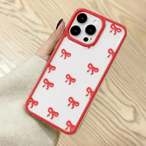EYZUTAK Case for iPhone 13 Pro, Clear Cute Ribbon Bowknot Pattern Aesthetic Transparent Phone Case Raised Camera Protection Stylish Slim Soft Durable TPU Protective Cover for Women Girls - Red - 1