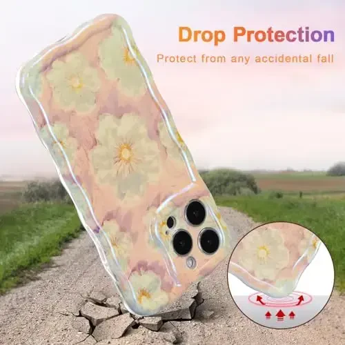 EYZUTAK Case for iPhone 13 Pro, Colorful Retro Oil Painting Flower Laser Glossy Pattern Cute Curly Wave Border Exquisite Phone Cover Stylish Durable TPU Protective Case for Girls Women - Light Pink - 3