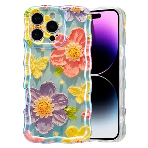 EYZUTAK Case for iPhone 13 Pro, Colorful Oil Painting Butterfly Flower | Laser Glossy Floral Pattern, Cute Curly Wave Edge, Exquisite Phone Cover, Stylish Durable TPU Protective Case for Girl Women 
