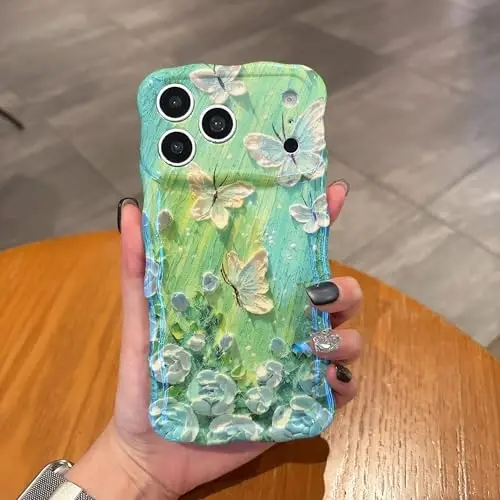 EYZUTAK Case for iPhone 13 Pro, Colorful Retro Oil Painting Flower Laser Glossy Pattern Cute Curly Wave Edge Exquisite Phone Cover Stylish Durable TPU Protective Case for Women - Butterfly Green - 5