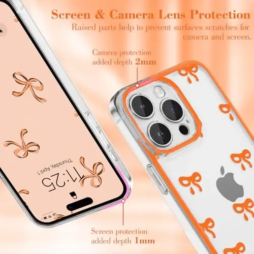 EYZUTAK Case for iPhone 13 Pro Max, Clear Cute Ribbon Bowknot Pattern Aesthetic Transparent Phone Case Raised Camera Protection Stylish Slim Soft Durable TPU Protective Cover for Women Girls - Orange - 2