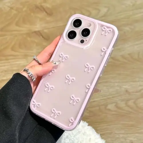 EYZUTAK Case for iPhone 13 Pro Max, Clear Cute Ribbon Bowknot Pattern Aesthetic Transparent Phone Case Raised Camera Protection Stylish Slim Soft Durable TPU Protective Cover for Women Girls - Pink - 1