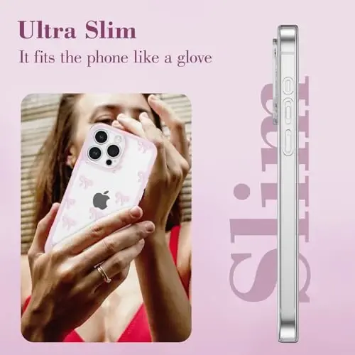 EYZUTAK Case for iPhone 13 Pro Max, Clear Cute Ribbon Bowknot Pattern Aesthetic Transparent Phone Case Raised Camera Protection Stylish Slim Soft Durable TPU Protective Cover for Women Girls - Pink - 5
