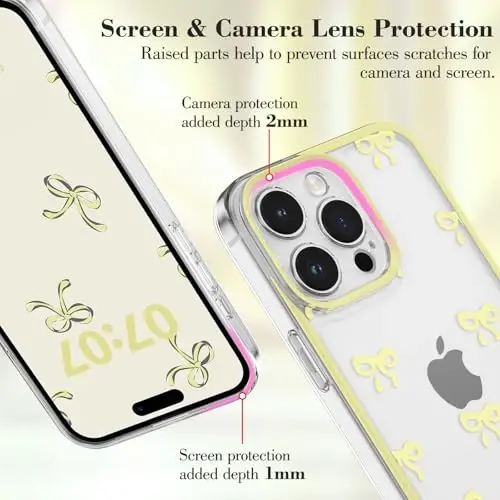 EYZUTAK Case for iPhone 13 Pro Max, Clear Cute Ribbon Bowknot Pattern Aesthetic Transparent Phone Case Raised Camera Protection Stylish Slim Soft Durable TPU Protective Cover for Women Girls - Yellow - 2