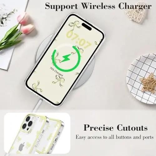 EYZUTAK Case for iPhone 13 Pro Max, Clear Cute Ribbon Bowknot Pattern Aesthetic Transparent Phone Case Raised Camera Protection Stylish Slim Soft Durable TPU Protective Cover for Women Girls - Yellow - 5