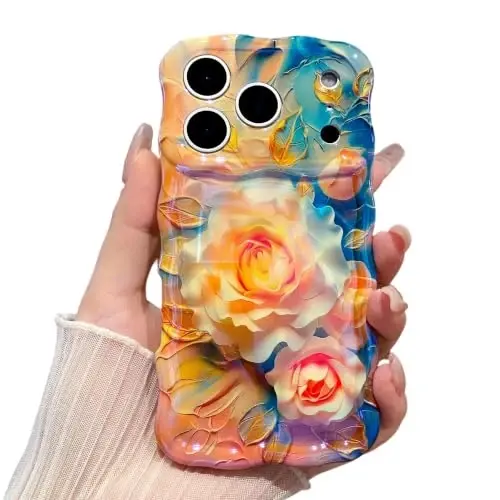 EYZUTAK Case for iPhone 13 Pro Max Retro Oil Painting Flower Champagne Rose | Laser Glossy Floral Pattern, Cute Curly Wave Edge, Exquisite Phone Cover, Stylish Durable TPU Protective Case for Girl Women 