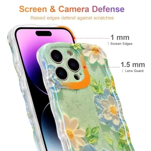 EYZUTAK Case for iPhone 13 Pro Max, Colorful Retro Oil Painting Flower Laser Glossy Pattern Cute Curly Wave Edge Exquisite Phone Cover Stylish Durable TPU Protective Case for Girl Women - Blue White - 4