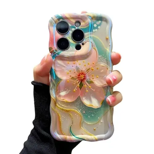 EYZUTAK Case for iPhone 13 Pro Max, Colorful Retro Oil Painting Flower Laser Glossy Pattern Cute Curly Wave Edge Exquisite Phone Cover Stylish Durable TPU Protective Case for Girl Women - Sakura - 3