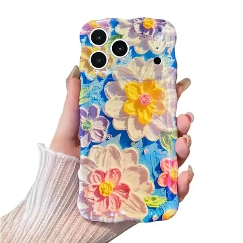 EYZUTAK Case for iPhone 13 Pro Max, Colorful Retro Oil Painting Flower Laser Glossy Pattern Cute Curly Wave Edge Exquisite Phone Cover Stylish Durable TPU Protective Case for Girl Women - White 