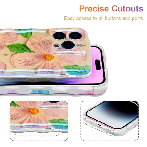 EYZUTAK Case for iPhone 13 Pro Max, Colorful Retro Oil Painting Flower Leaf Laser Glossy Pattern Cute Curly Waves Edge Exquisite Phone Cover Stylish Durable TPU Protective Case for Women - Pink Green - 5