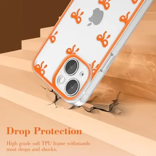 EYZUTAK Case for iPhone 14, Clear Cute Ribbon Bowknot Pattern Aesthetic Transparent Phone Case Raised Camera Protection Stylish Slim Soft Durable TPU Protective Cover for Women Girls - Orange - 3