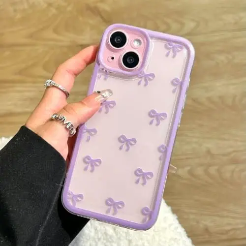 EYZUTAK Case for iPhone 14, Clear Cute Ribbon Bowknot Pattern Aesthetic Transparent Phone Case Raised Camera Protection Stylish Slim Soft Durable TPU Protective Cover for Women Girls - Purple 