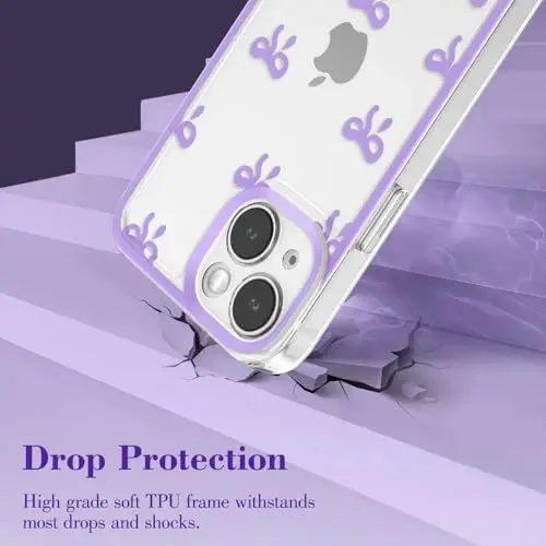 EYZUTAK Case for iPhone 14, Clear Cute Ribbon Bowknot Pattern Aesthetic Transparent Phone Case Raised Camera Protection Stylish Slim Soft Durable TPU Protective Cover for Women Girls - Purple - 3