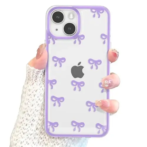 EYZUTAK Case for iPhone 14, Clear Cute Ribbon Bowknot Pattern Aesthetic Transparent Phone Case Raised Camera Protection Stylish Slim Soft Durable TPU Protective Cover for Women Girls - Purple - 4