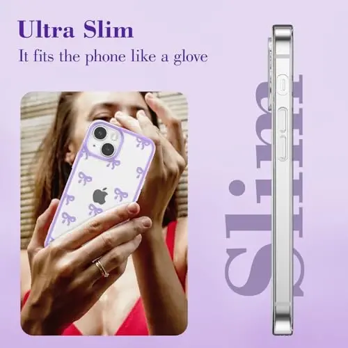 EYZUTAK Case for iPhone 14, Clear Cute Ribbon Bowknot Pattern Aesthetic Transparent Phone Case Raised Camera Protection Stylish Slim Soft Durable TPU Protective Cover for Women Girls - Purple - 5