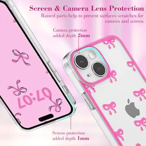 EYZUTAK Case for iPhone 14, Clear Cute Ribbon Bowknot Pattern Aesthetic Transparent Phone Case Raised Camera Protection Stylish Slim Soft Durable TPU Protective Cover for Women Girls - Rose Red - EYZUTAK (1)
