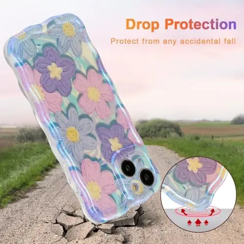 EYZUTAK Case for iPhone 14, Colorful Retro Oil Painting Flower Laser Glossy Design Cute Curly Waves Edge Exquisite Phone Cover Stylish Durable TPU Protective Case for Girls Women - Pink Purple - 3