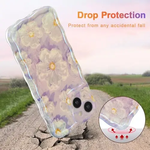 EYZUTAK Case for iPhone 14, Colorful Retro Oil Painting Flower Laser Glossy Pattern Cute Curly Wave Border Exquisite Phone Cover Stylish Durable TPU Protective Case for Girl Women - Light Purple - 3