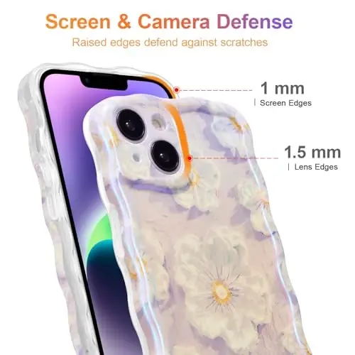 EYZUTAK Case for iPhone 14, Colorful Retro Oil Painting Flower Laser Glossy Pattern Cute Curly Wave Border Exquisite Phone Cover Stylish Durable TPU Protective Case for Girl Women - Light Purple - 4