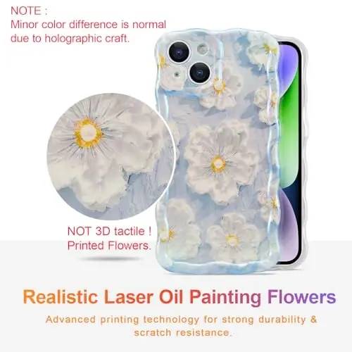 EYZUTAK Case for iPhone 14, Colorful Retro Oil Painting Flower Laser Glossy Pattern Cute Curly Wave Border Exquisite Phone Cover Stylish Durable TPU Protective Case for Girls Women - Light Blue - 2