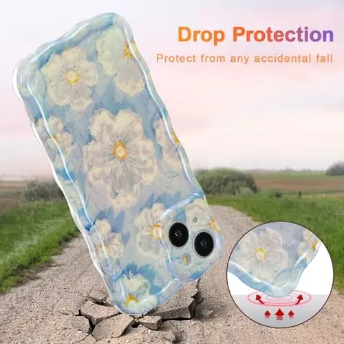 EYZUTAK Case for iPhone 14, Colorful Retro Oil Painting Flower Laser Glossy Pattern Cute Curly Wave Border Exquisite Phone Cover Stylish Durable TPU Protective Case for Girls Women - Light Blue - 3