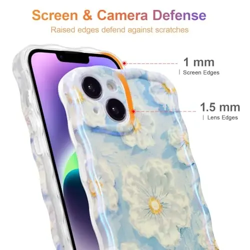 EYZUTAK Case for iPhone 14, Colorful Retro Oil Painting Flower Laser Glossy Pattern Cute Curly Wave Border Exquisite Phone Cover Stylish Durable TPU Protective Case for Girls Women - Light Blue - 4