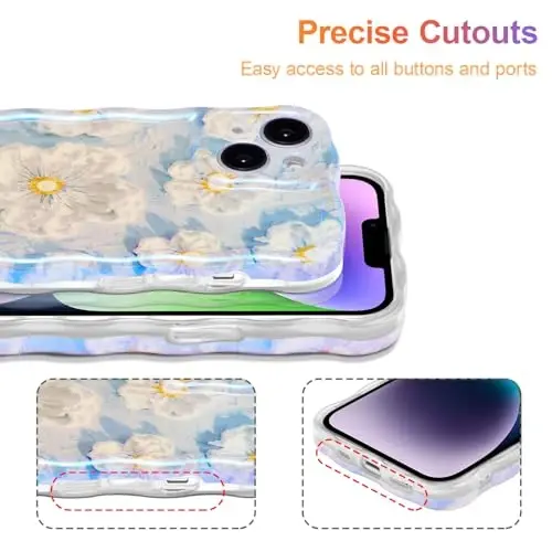EYZUTAK Case for iPhone 14, Colorful Retro Oil Painting Flower Laser Glossy Pattern Cute Curly Wave Border Exquisite Phone Cover Stylish Durable TPU Protective Case for Girls Women - Light Blue - 5