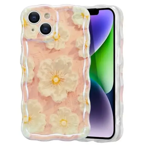 EYZUTAK Case for iPhone 14, Colorful Retro Oil Painting Flower Laser Glossy Pattern Cute Curly Wave Border Exquisite Phone Cover Stylish Durable TPU Protective Case for Girls Women - Light Pink 