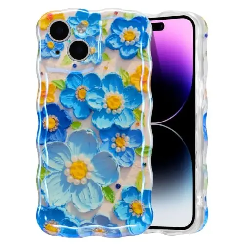 EYZUTAK Case for iPhone 14, Colorful Retro Oil Painting Flower Laser Glossy Pattern Cute Curly Wave Edge Exquisite Phone Cover Stylish Durable TPU Protective Case for Girl Women - Blue 
