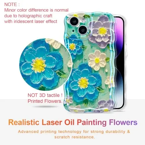 EYZUTAK Case for iPhone 14, Colorful Retro Oil Painting Flower Laser Glossy Pattern Cute Curly Wave Edge Exquisite Phone Cover Stylish Durable TPU Protective Case for Girl Women - Blue Purple - 2