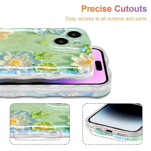 EYZUTAK Case for iPhone 14, Colorful Retro Oil Painting Flower Laser Glossy Pattern Cute Curly Wave Edge Exquisite Phone Cover Stylish Durable TPU Protective Case for Girl Women - Blue White - 5